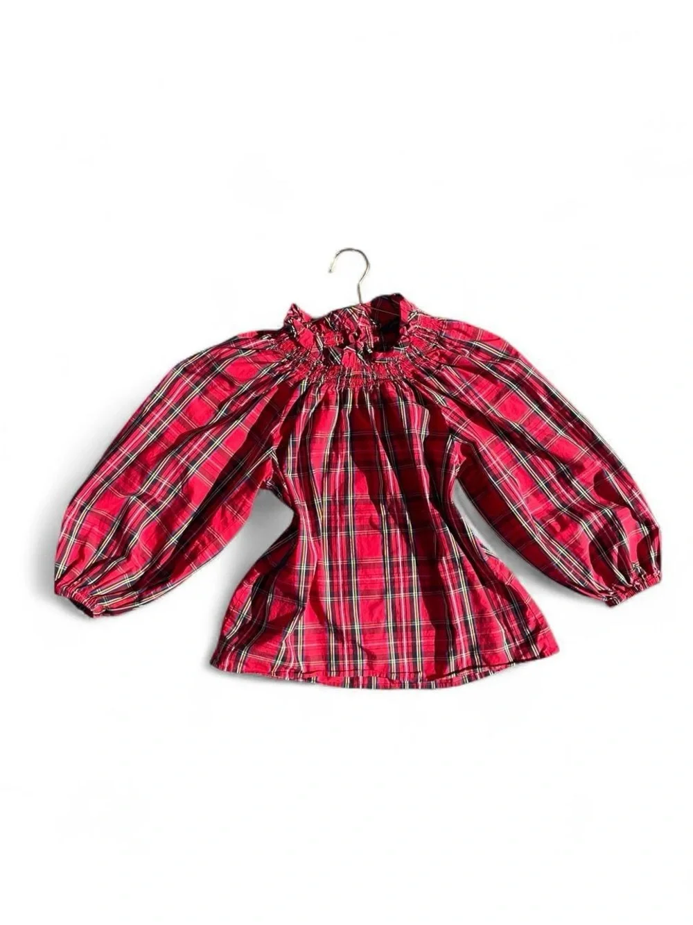 J.Crew Re-Imagined Red Plaid Peasant Blouse Puff Sleeve Cottagecore Top